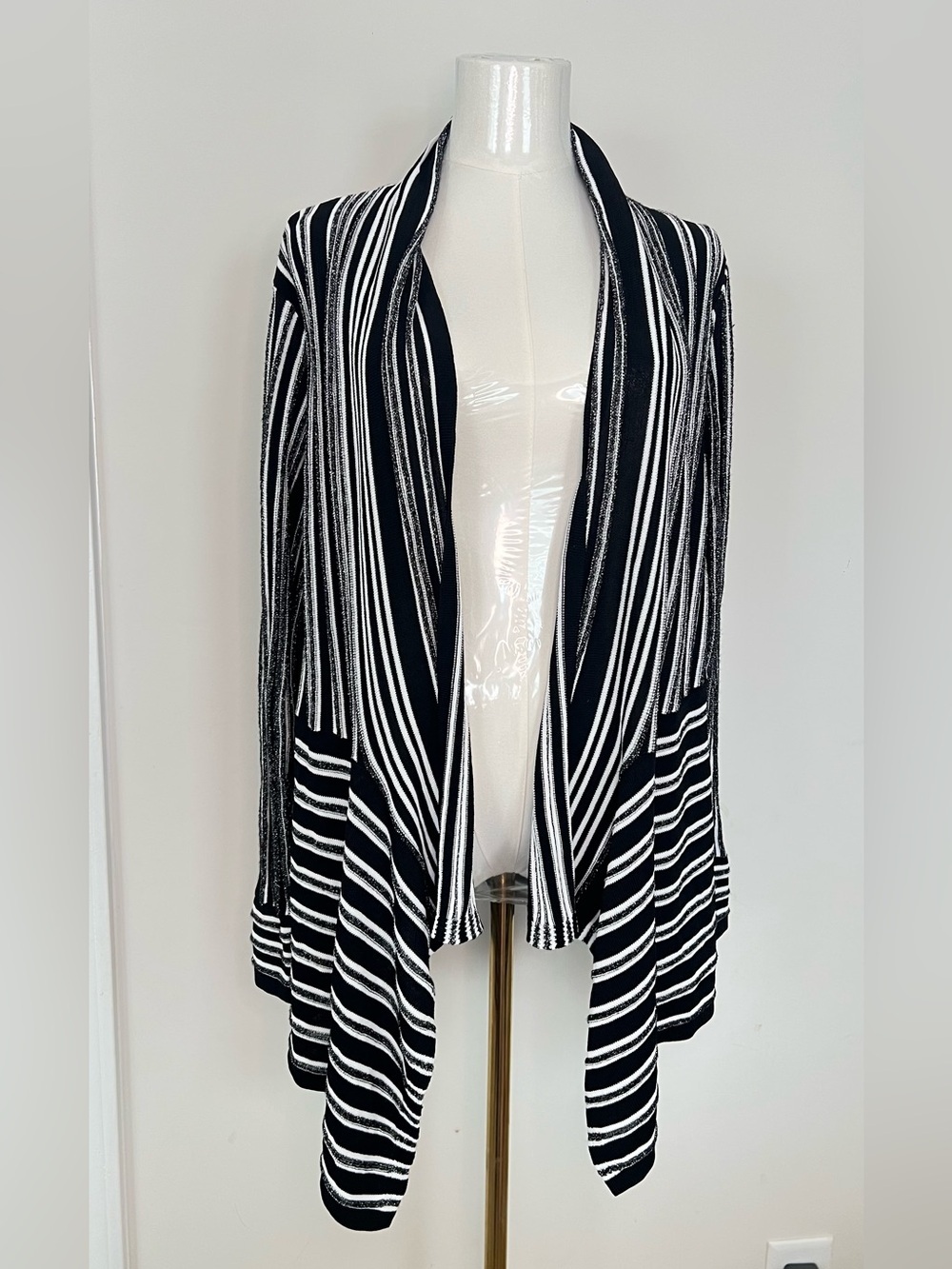 Chicos Travelers Cardigan Sweater Women M 12/14 Black Stripe Metallic Asymmetric